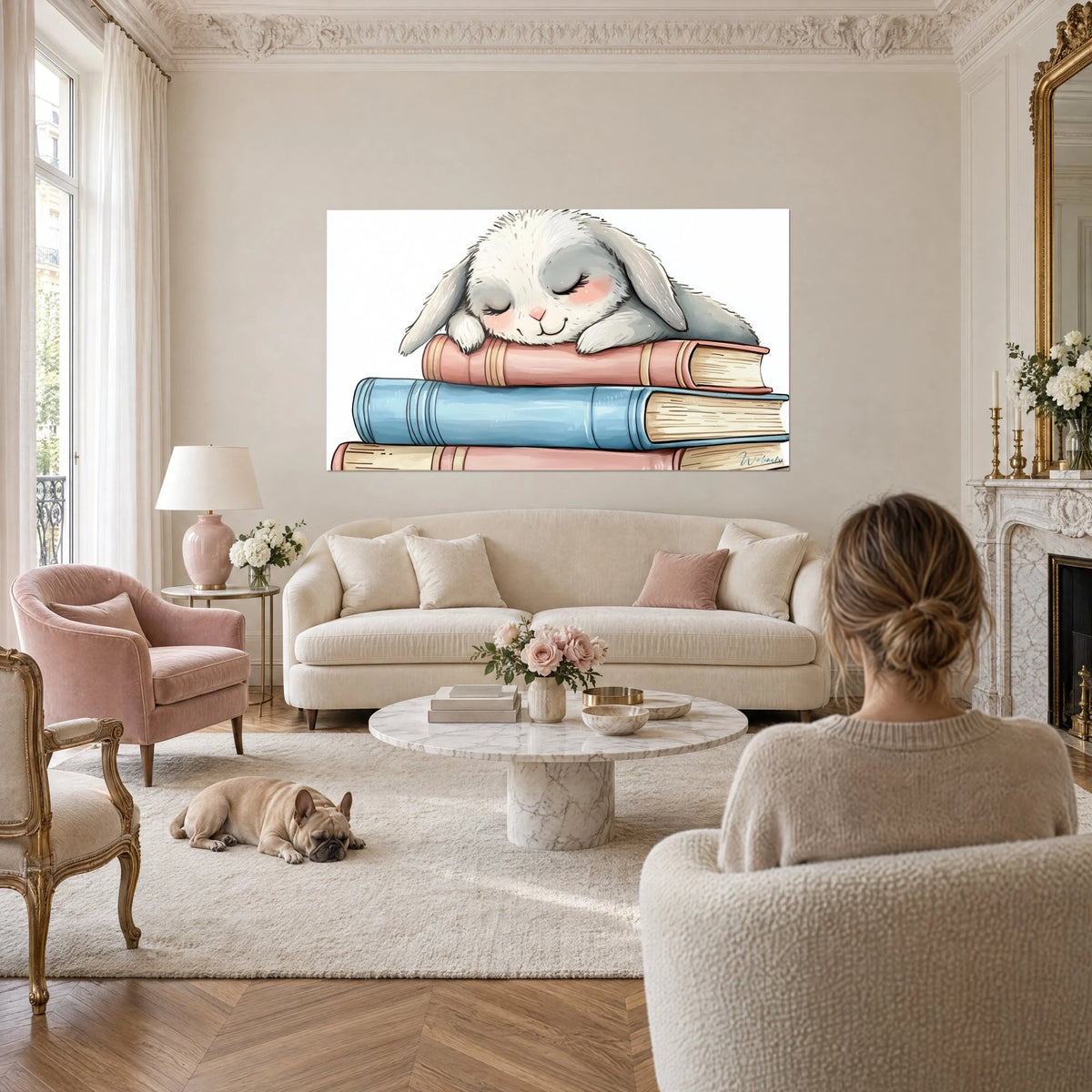 Tableau lapin bélier endormi sur une pile de livres rose et bleu, au-dessus d'un canapé dans un salon lumineux