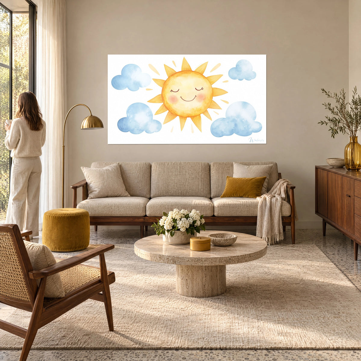 Πίνακας Χαμογελαστός ήλιος με ροζ μάγουλα, γαλάζια συννεφάκια με ακουαρέλα, πάνω από καναπέ σε φωτεινό σαλόνι