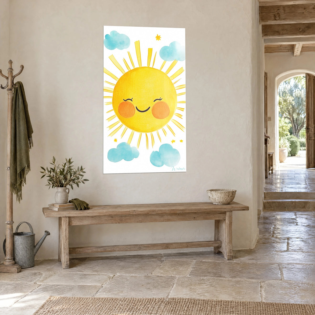 Wall art of a smiling watercolor star, pale yellow rays and turquoise clouds, hung in a stone country house