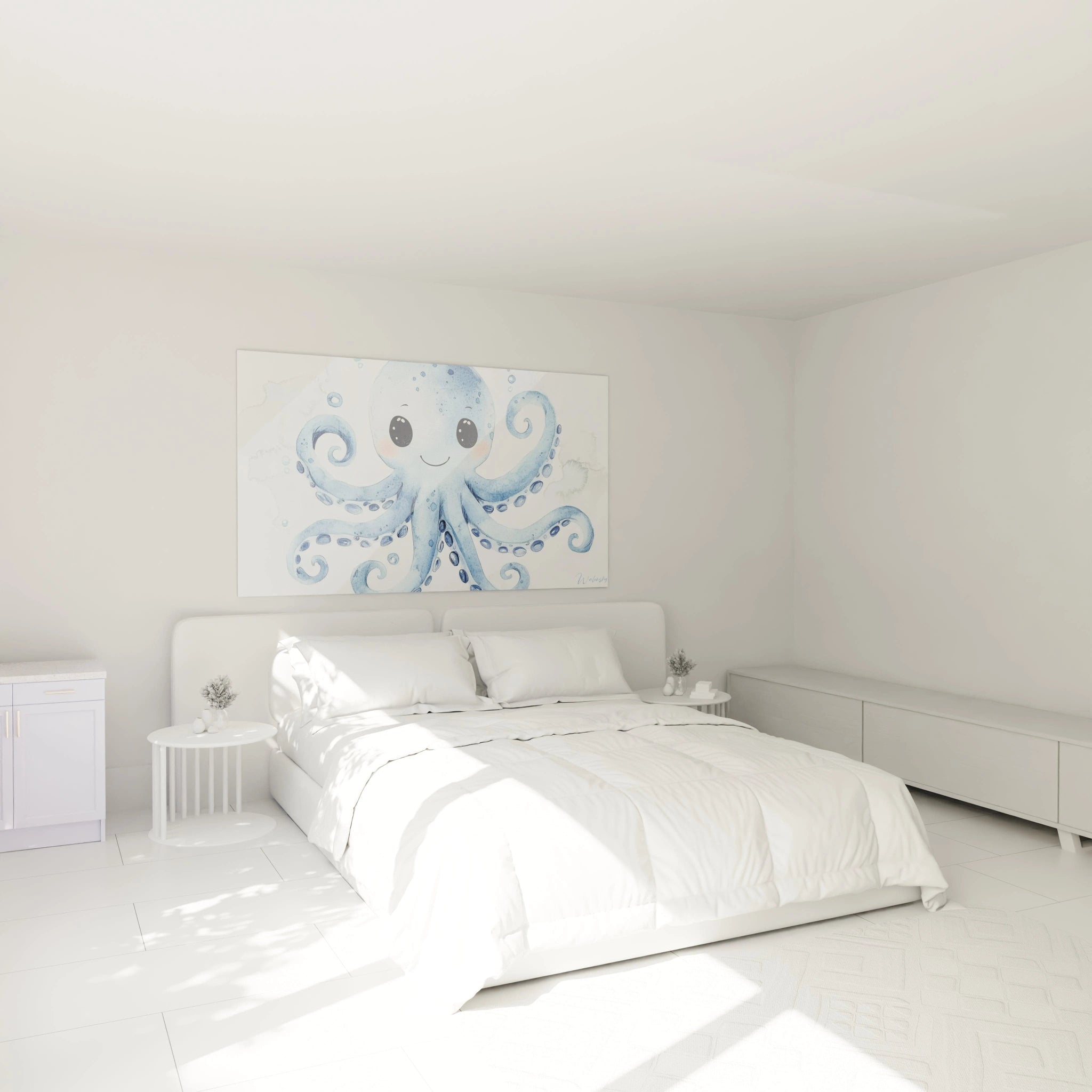 Tableau enfant illustrant une pieuvre aux tentacules courbées, en nuances de bleu, avec un effet aquarelle fluide et des détails texturés sur un fond blanc partiellement teinté.

