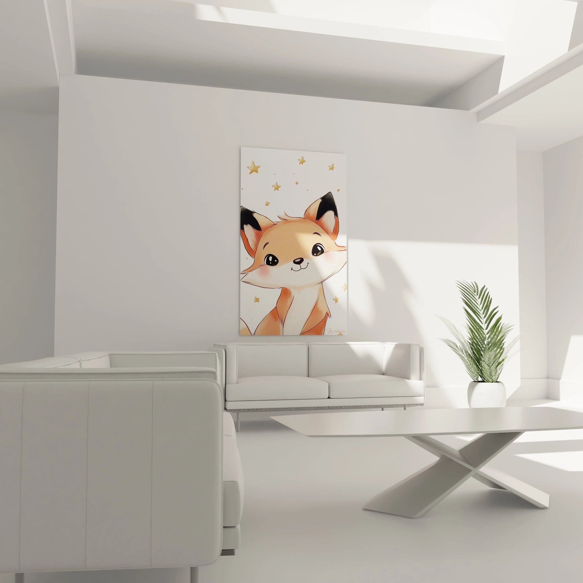 Un tableau enfant montrant un renard mignon avec des nuances de orange, blanc et or. L’œuvre présente des textures légères et un fond épuré avec des petites étoiles dorées flottantes.


