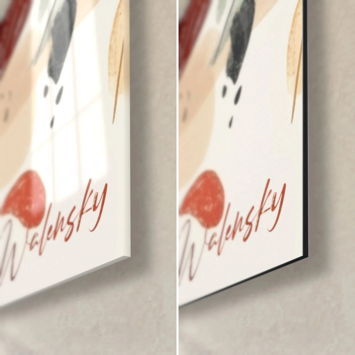 Tableau renard roux souriant, signature Walensky rouge, coin bas droit en verre acrylique brillant et alu Dibond noir mat