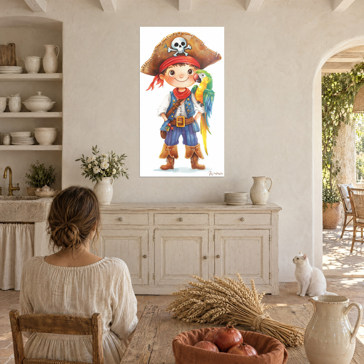 Wall art of a green and yellow macaw perched on the shoulder of a young pirate with a red headband, white cat lying on the parquet floor