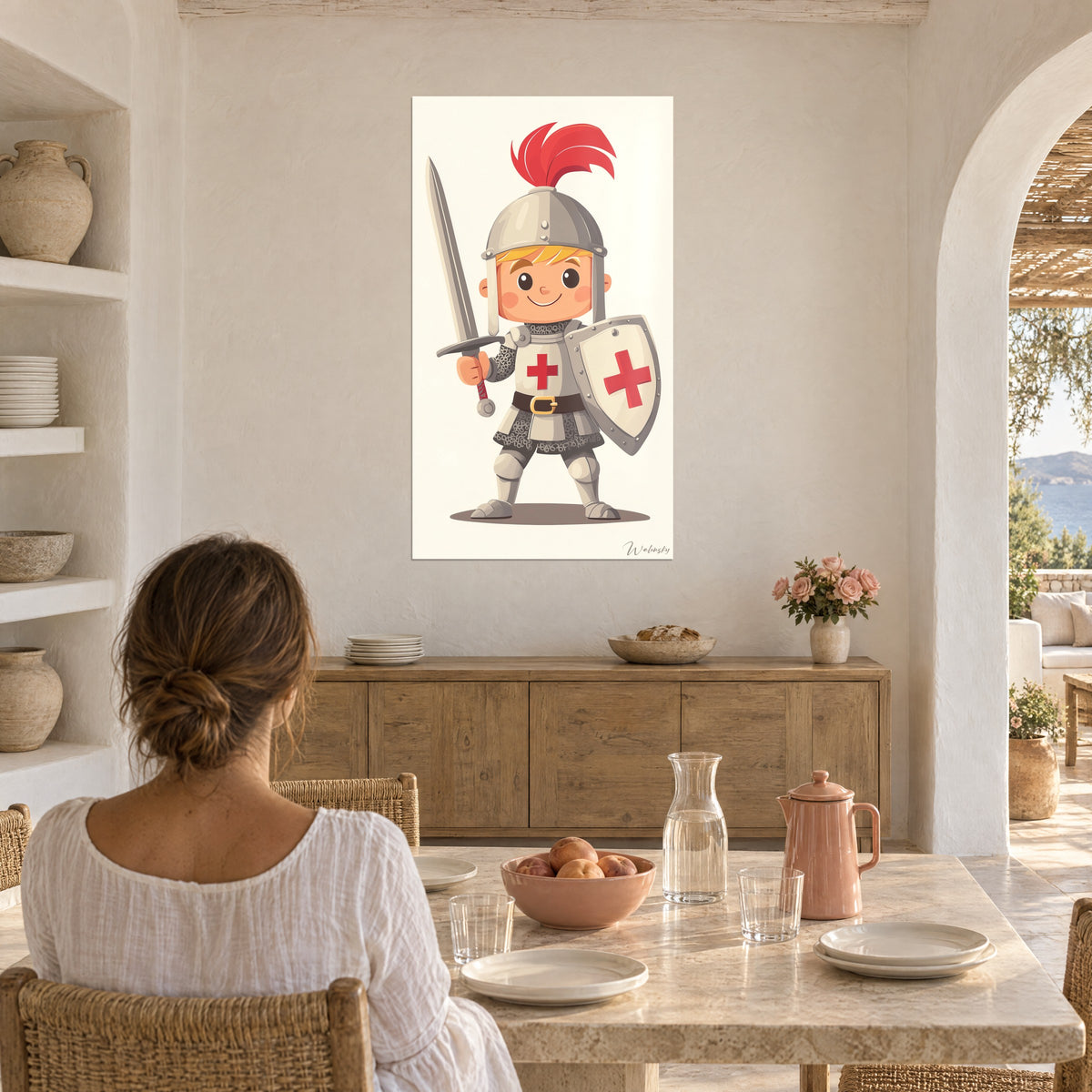 Quadro di uno scudiero in armatura d'argento, ampia cintura marrone con fibbia dorata, scudo rosso e bianco, parete imbiancata accanto a un tavolo da pranzo