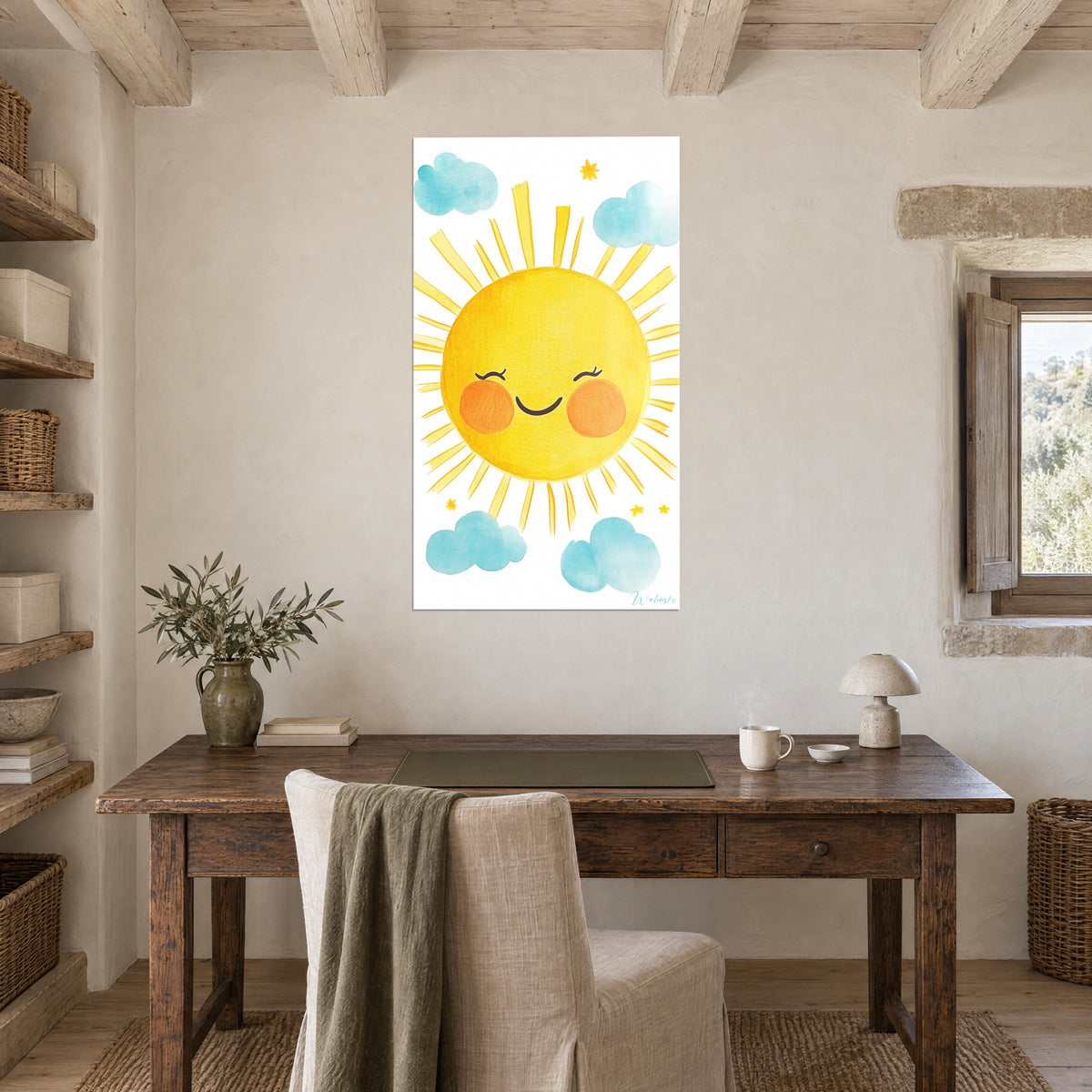 Wall art of a childlike sun with a shy smile, bright yellow and pastel blue, above a wooden desk in a stone house