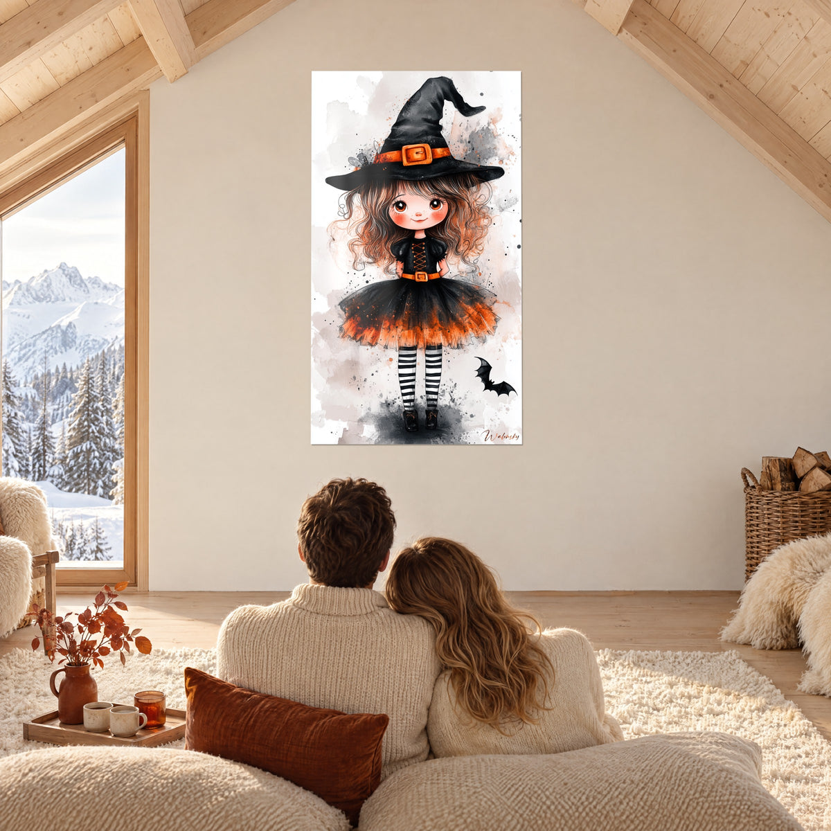 Quadro apprendista strega sorridente con capelli ricci ramati, cintura arancione, sfondo bianco macchiato, coppia accoccolata in un soggiorno da chalet