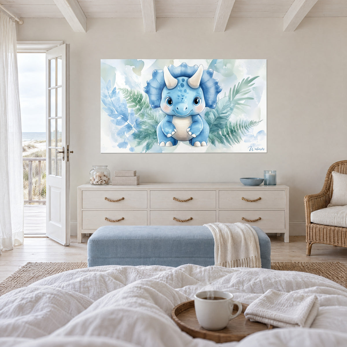 Wall art young sky-blue dinosaur with a cream belly, soft green and pale blue fern fronds, above a bed in a light bedroom