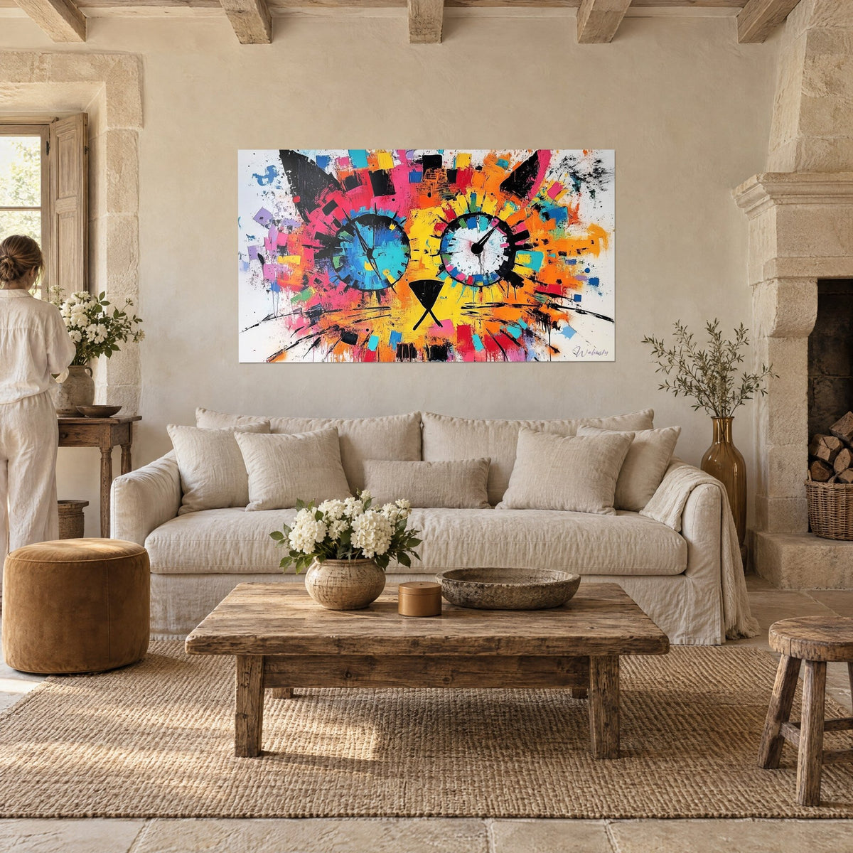 Cuadro cabeza de gato con relojes azules, grandes superficies naranjas y rosas vivos, persona de espaldas, encima de un sofá en un salón luminoso