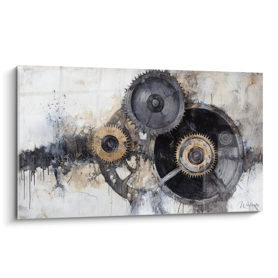 Tableau mural engrenages industriels abstraits tons métalliques décoration moderne