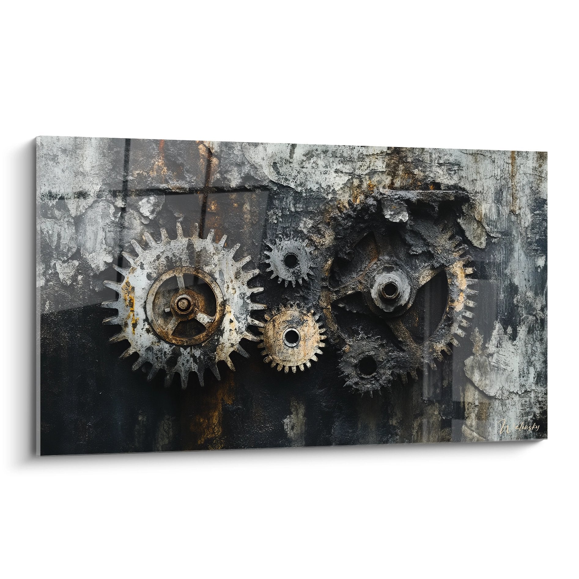 Tableau mural engrenages industriels patinés avec mécanismes métalliques anciens sur fond oxydé