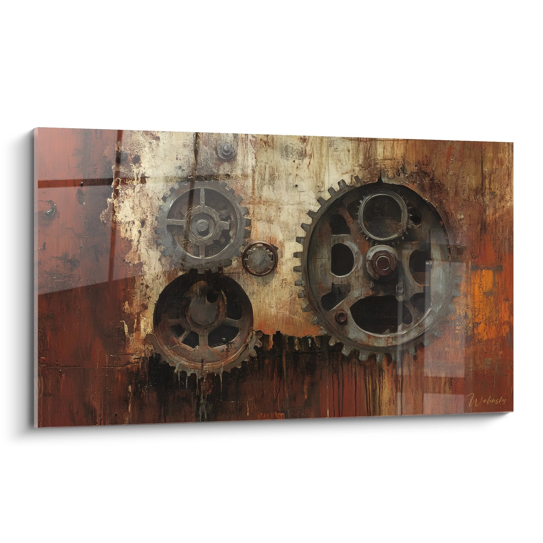 Tableau mural engrenages industriels rouillés avec mécanismes métalliques vintage sur fond patiné