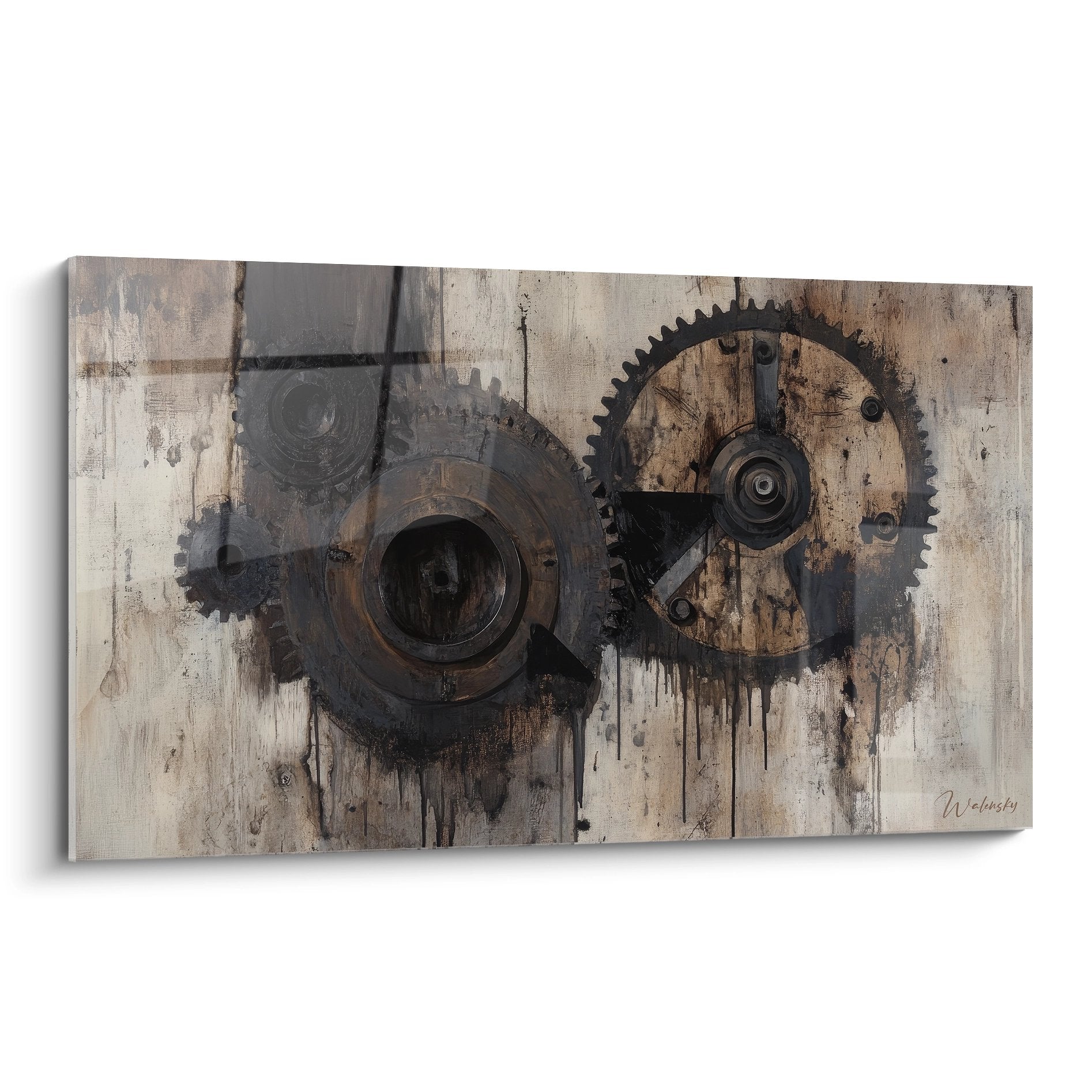 Tableau mural engrenages industriels vintage sur bois vieilli, décoration steampunk mécanismes métalliques