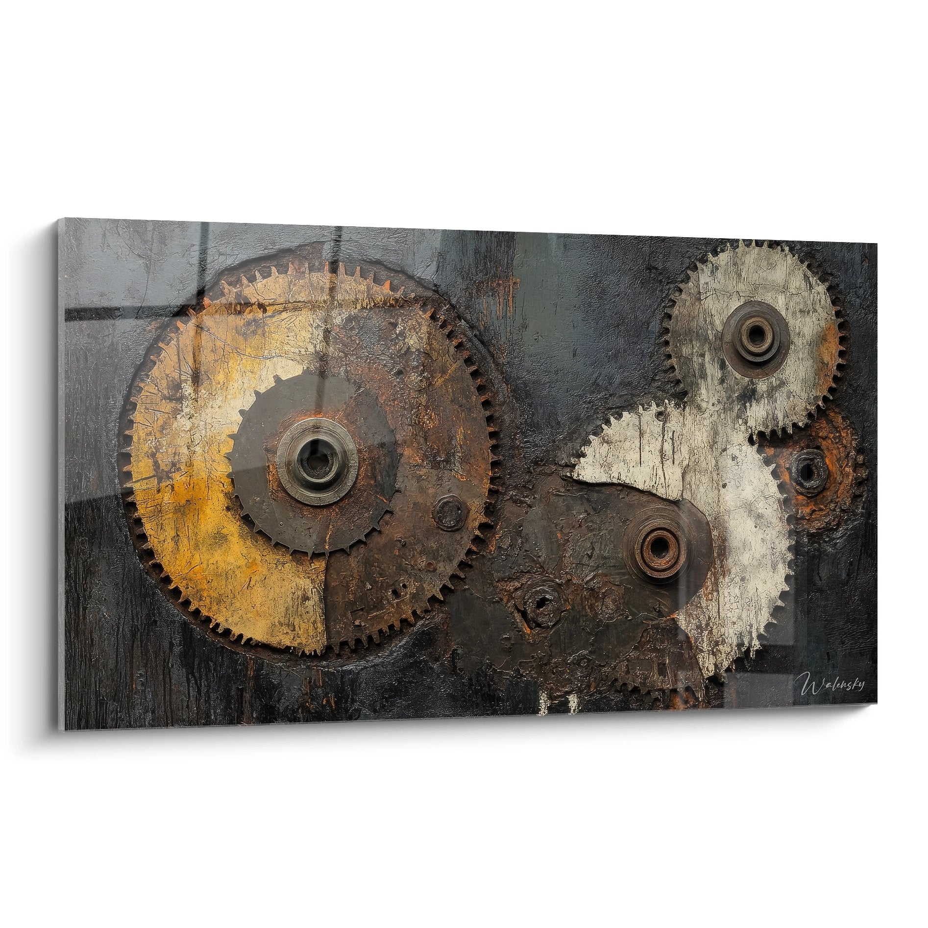 Tableau mural engrenages industriels vintage aux tons dorés et rouillés avec mécanismes métalliques anciens