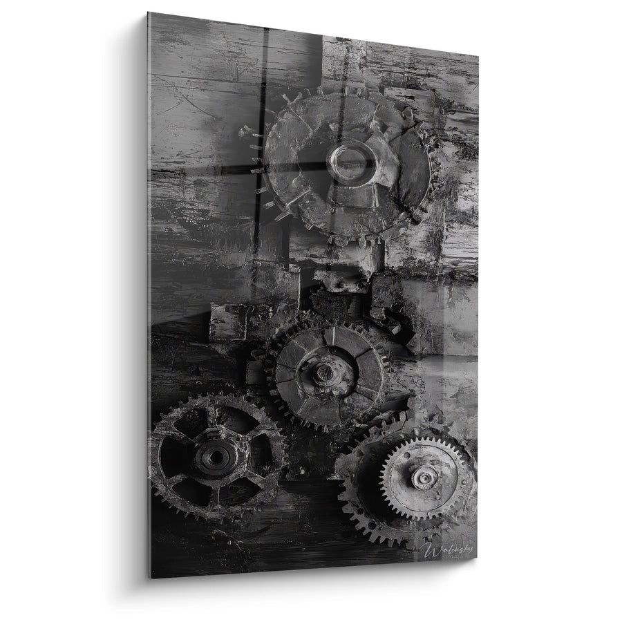 Tableau engrenages industriels anciens - Mécanismes du temps - édition machines et engrenages