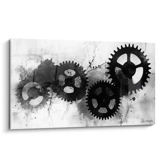 Quadro murale ingranaggi meccanici astratti bianco e nero stile industriale moderno decorativo