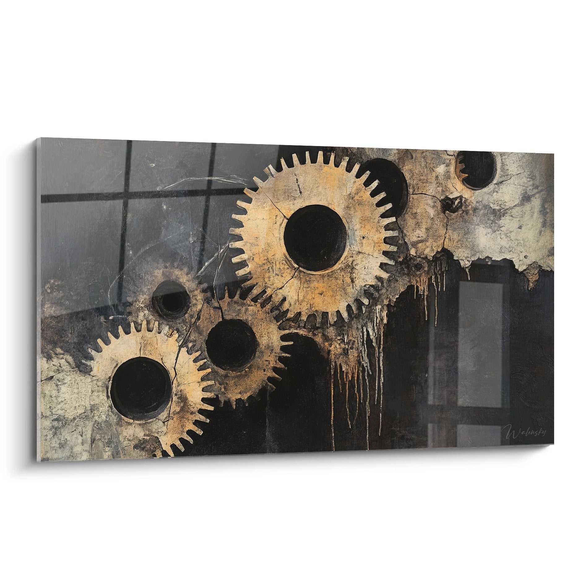 Tableau mural engrenages mécaniques dorés sur fond texturé gris avec éléments industriels artistiques