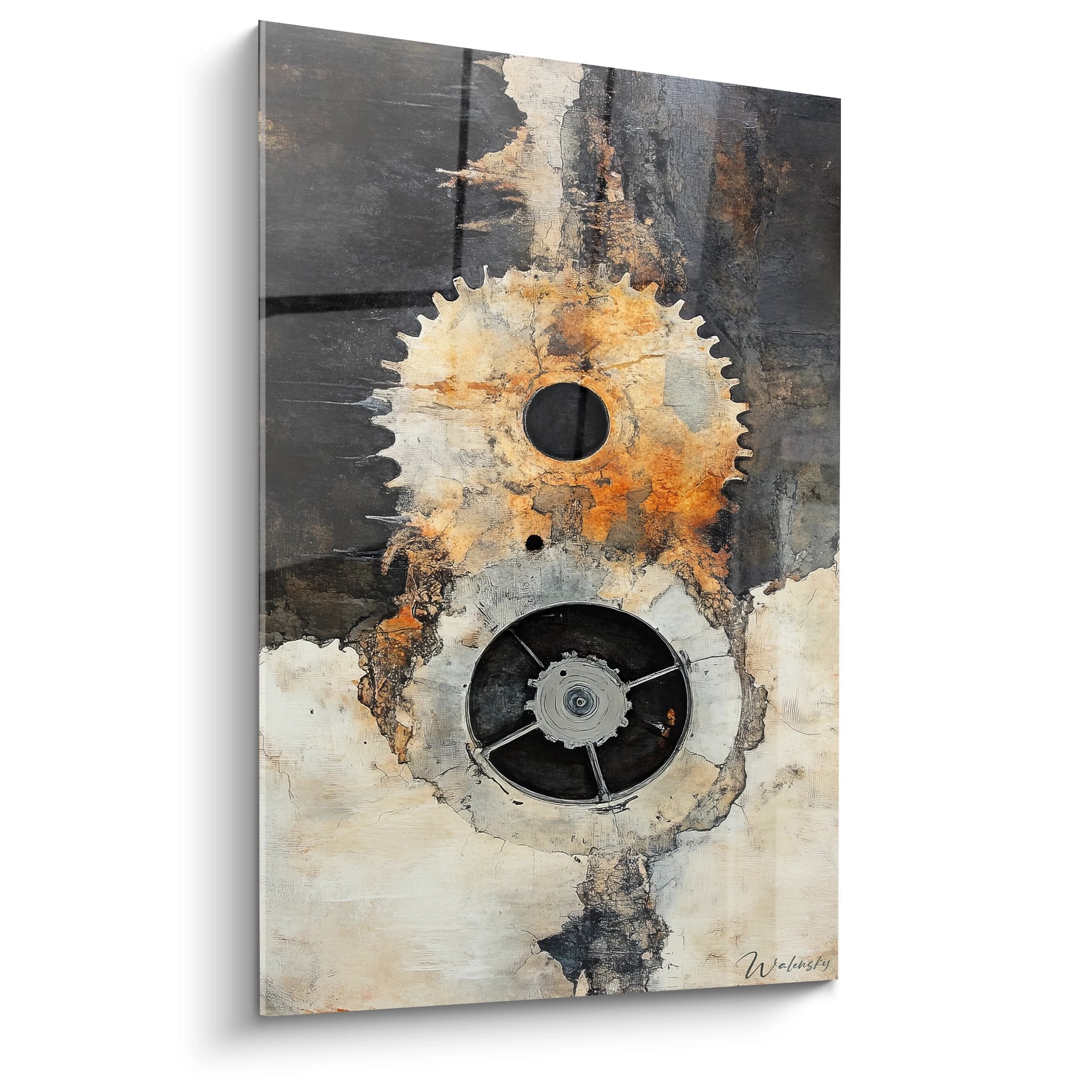 Tableau mural engrenages rouillés art industriel moderne avec mécanismes métalliques sur fond texturé