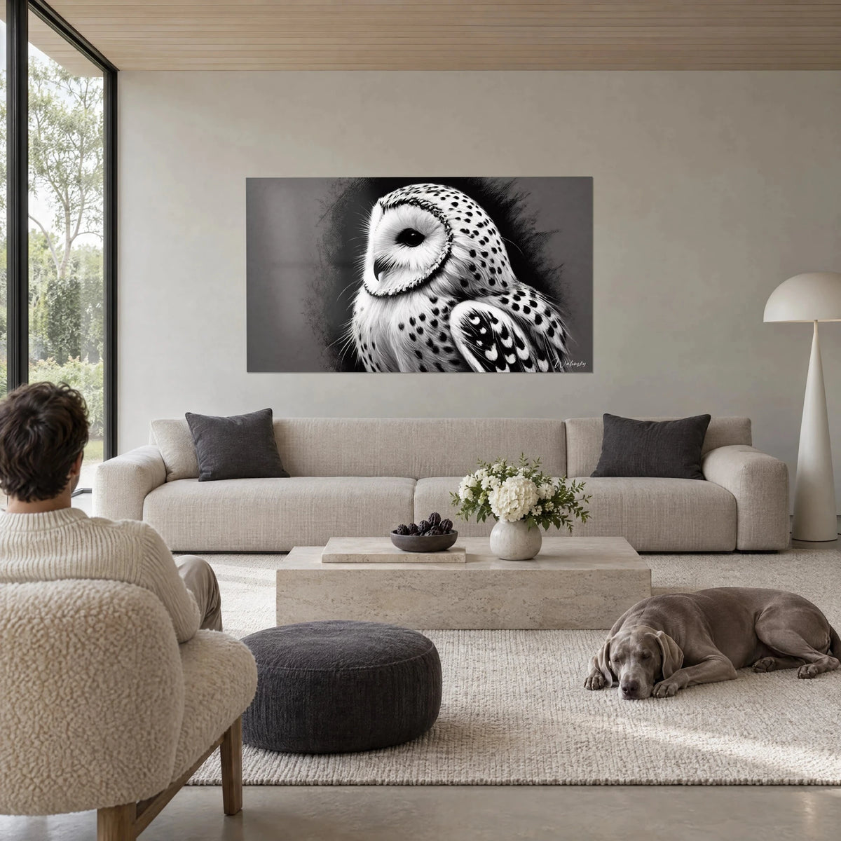 Schilderij kerkuil met wit verenkleed bespikkeld met zwart op houtskoolgrijze achtergrond, boven een bank in een lichte woonkamer
