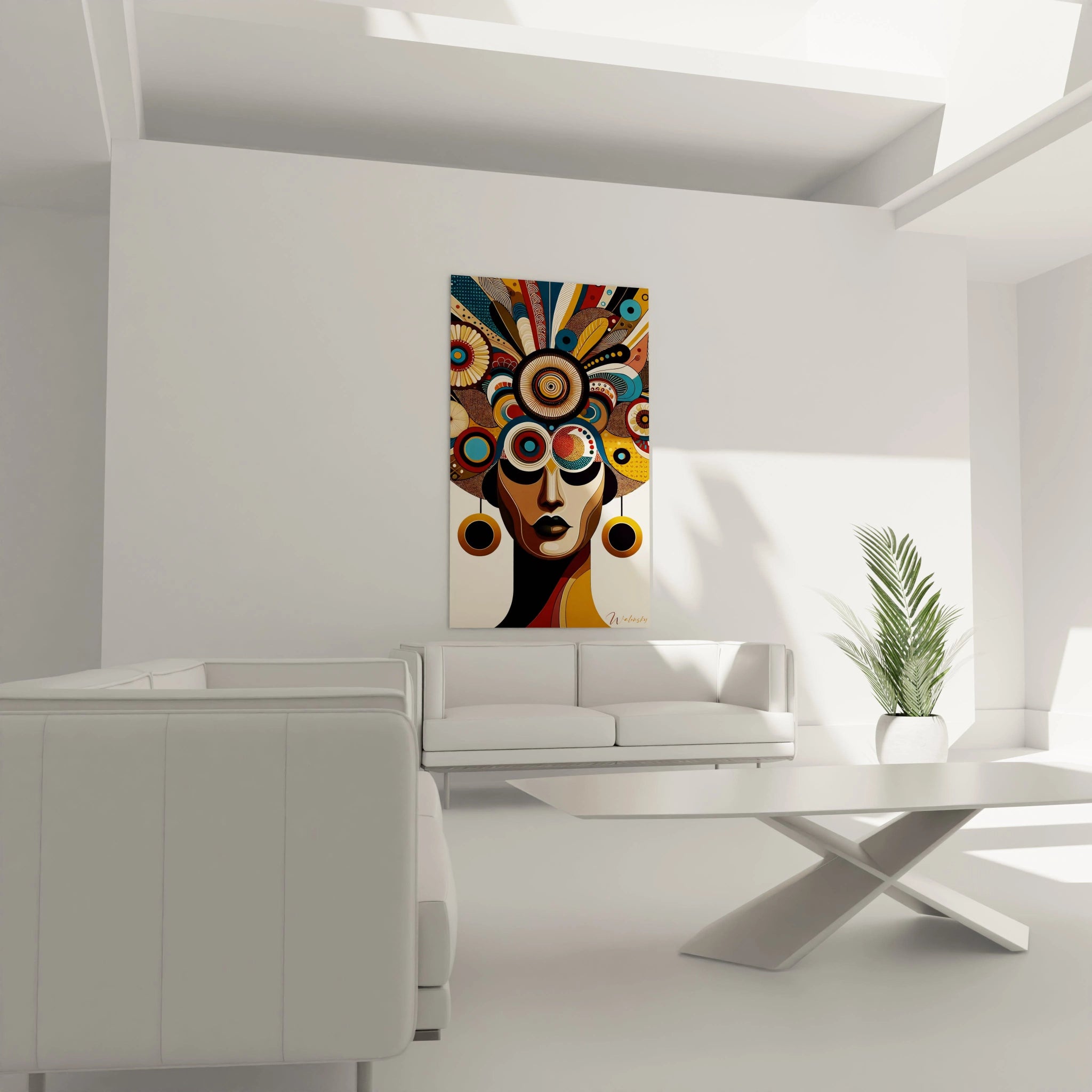 Tableau africain accroché au mur d'un salon, au-dessus du canapé. Les motifs tribaux en bronze et marine attirent l’œil, rendant hommage à l'art africain tout en ajoutant une note contemporaine.

