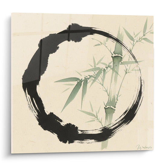 Schilderij zwarte cirkel met penseel en groene bamboe - Zen sereniteit - Editie Enso