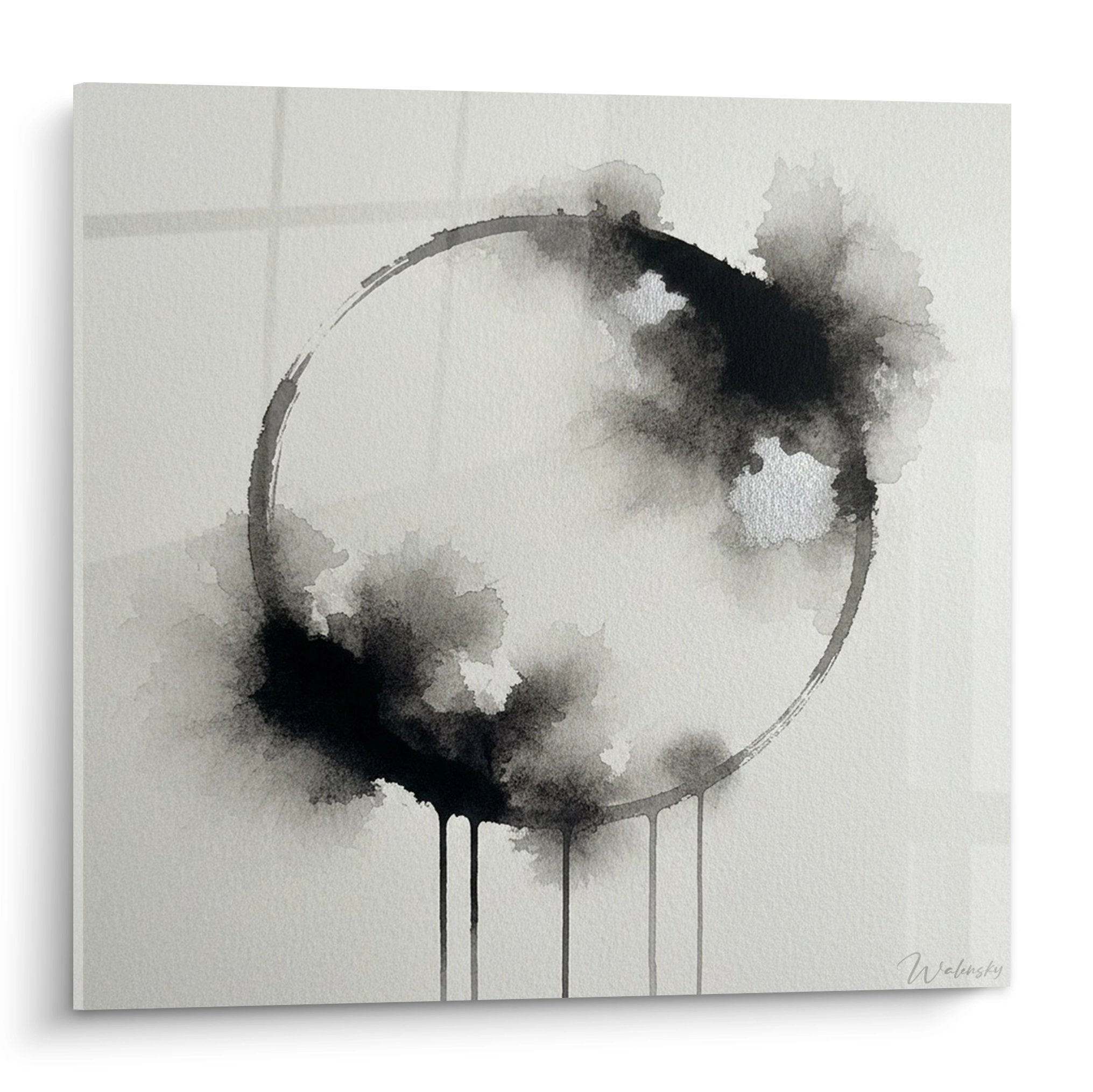 Black and grey Enso circle painting with ink drips on white background, contemporary zen style
