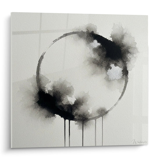 Cirkel Schilderij Zwart en Grijs met Inktvlekken - Vloeibare Meditatie - Editie Enso