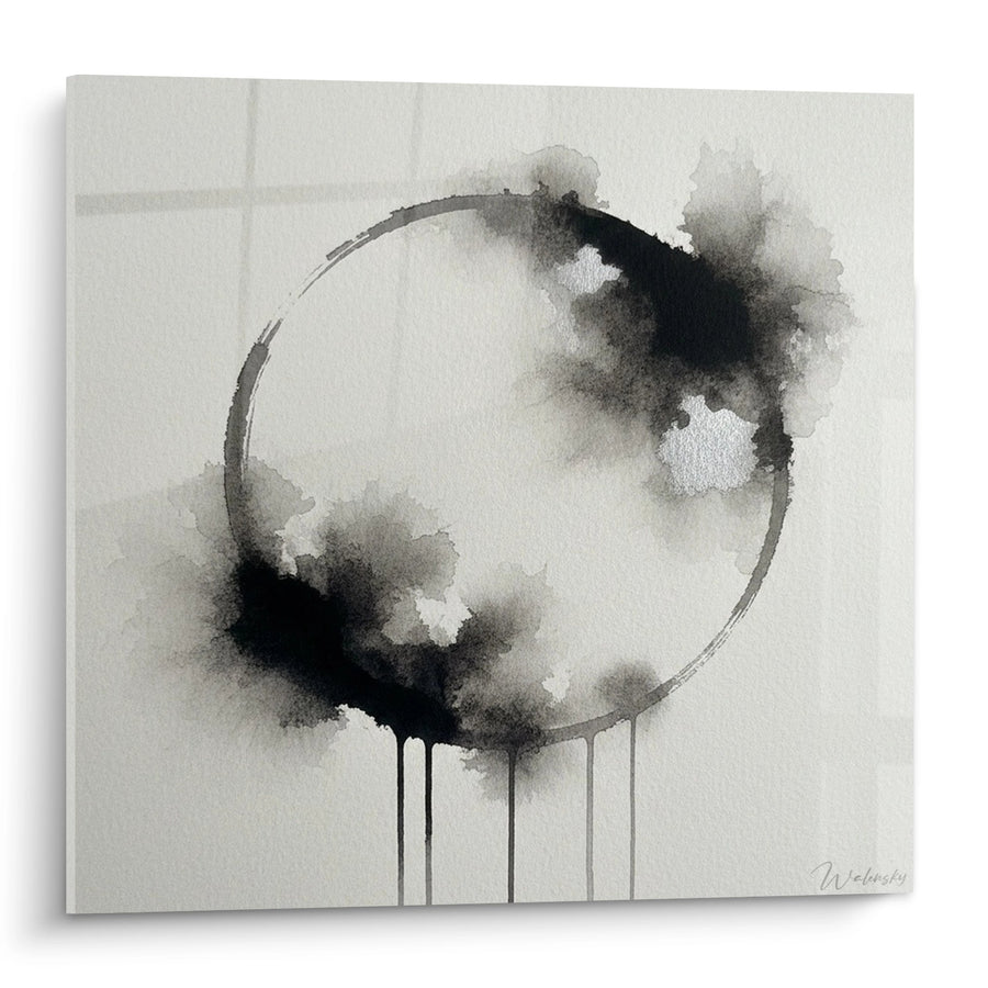 Tableau Cercle Noir et Gris à l'Encre avec Coulures - Méditation Liquide - Edition Enso