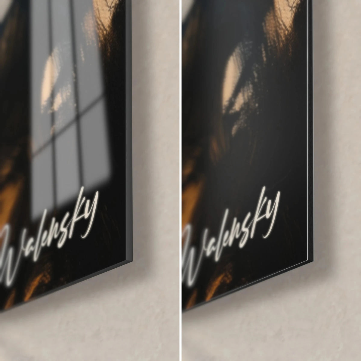 Wall art figure in a black hat within the smoke, bottom right corner: glossy acrylic glass with reflections, matte black and ochre Dibond aluminium, 3 mm edge