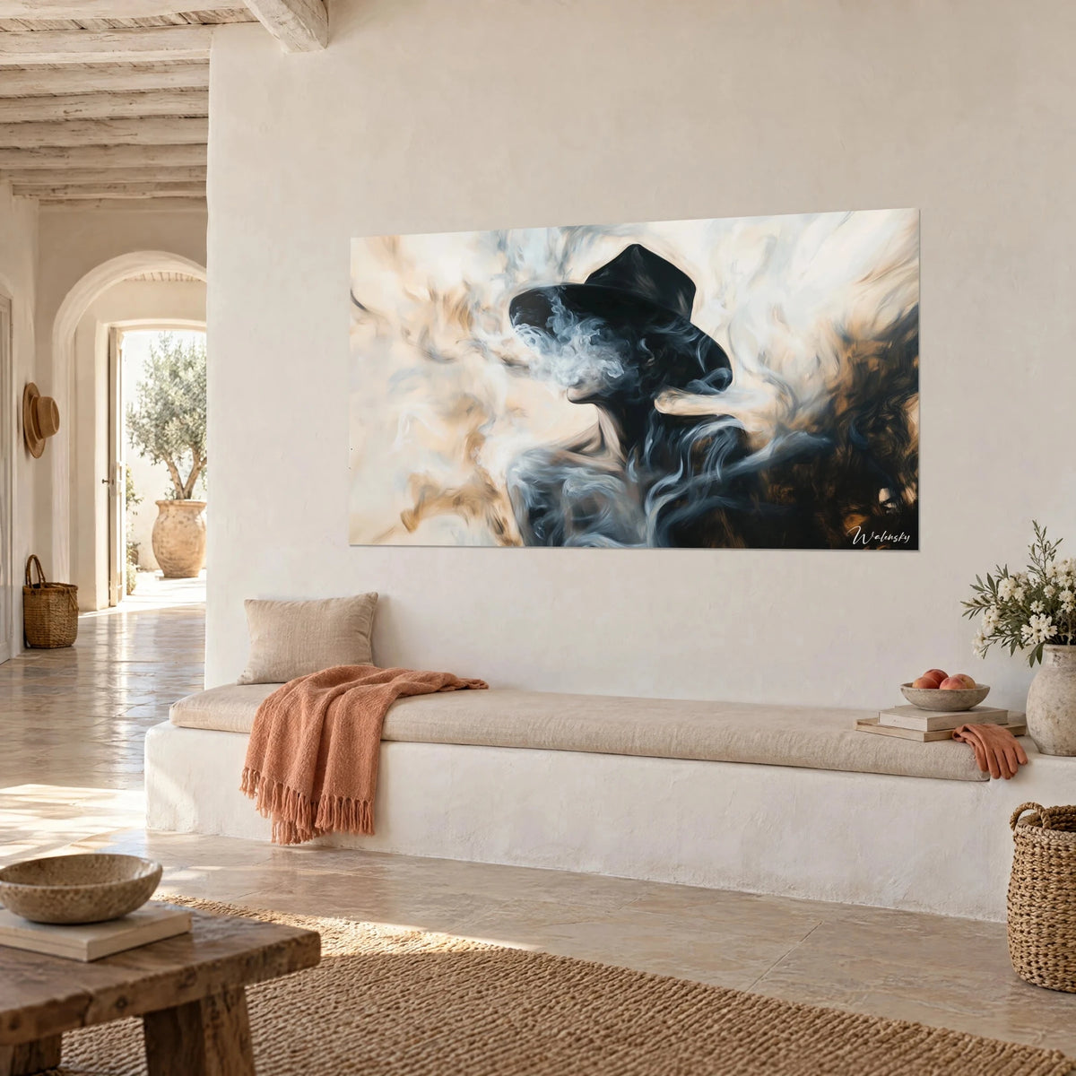 Wall art ghostly portrait beneath a wide black hat, blue-grey and sand smoke wisps, three-quarter view on a Mediterranean house wall