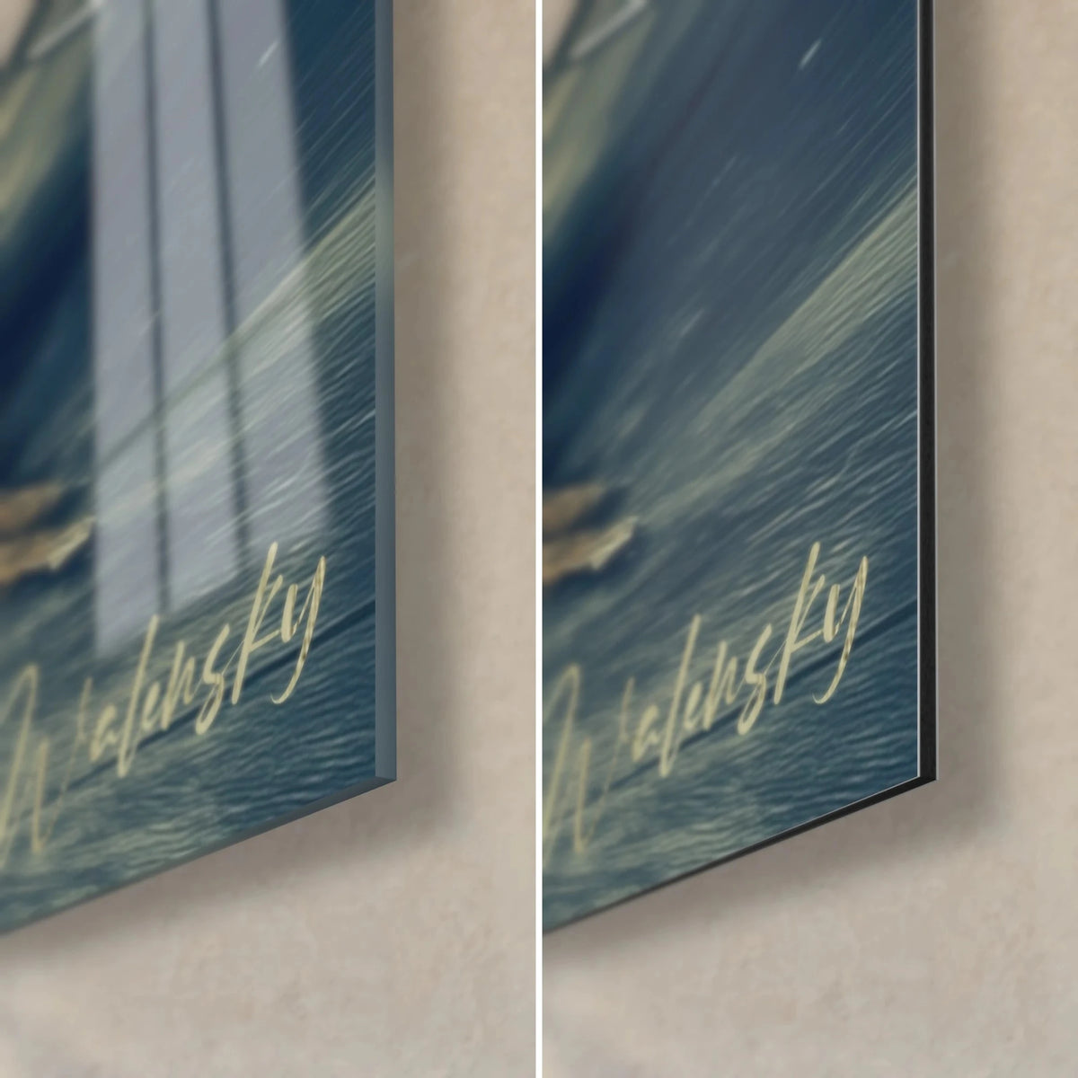 Wall art of a young woman with an earth-toned cracked back, bottom right corner: 3 mm edge, glossy glass and matte midnight blue Dibond