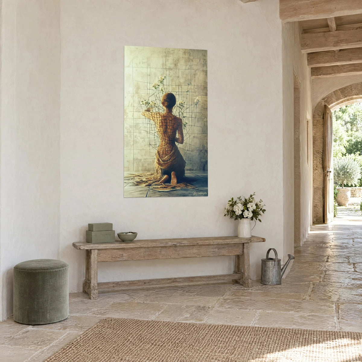 Wall art of a female silhouette seen from behind with an ochre cracked body, white jasmine and a black grid, in a stone house