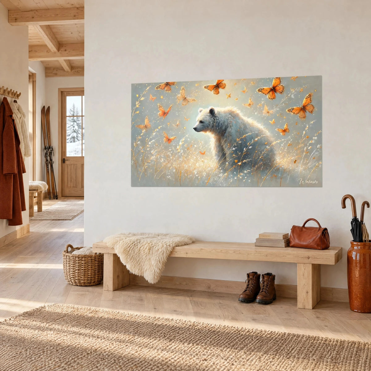 Tableau ourson blanc crème assis dans les graminées dorées, papillons monarques orange, sur un mur clair au-dessus d'un banc
