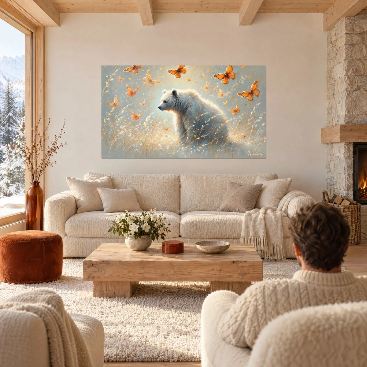 Tableau ours polaire au pelage ivoire cerné de papillons orange, herbes dorées, au-dessus d'un canapé dans un salon lumineux