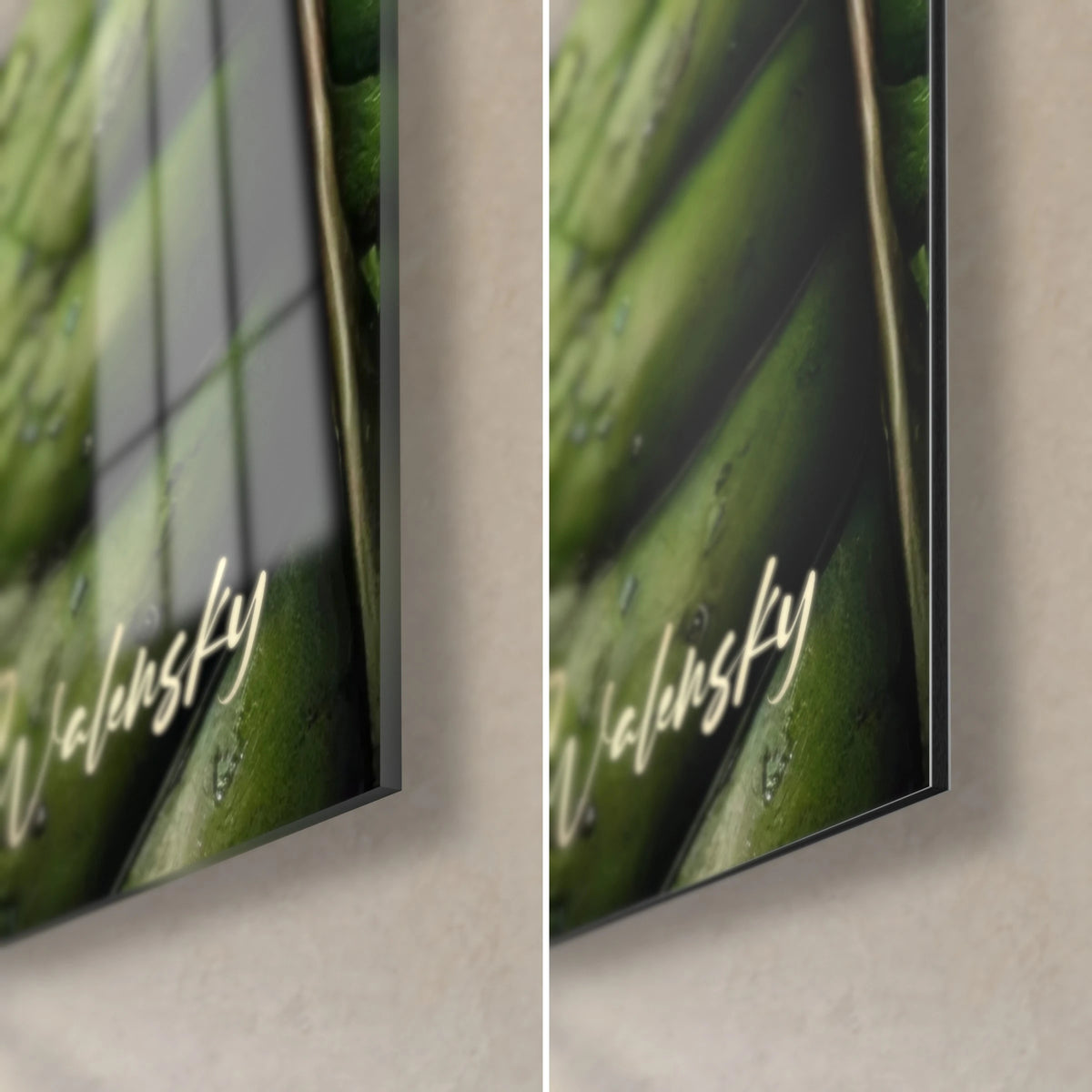 Schilderij koperkleurige vos en groen gebladerte, rechtsonder: glanzend acrylglas links, mat Dibond-aluminium rechts, 3 mm dikte