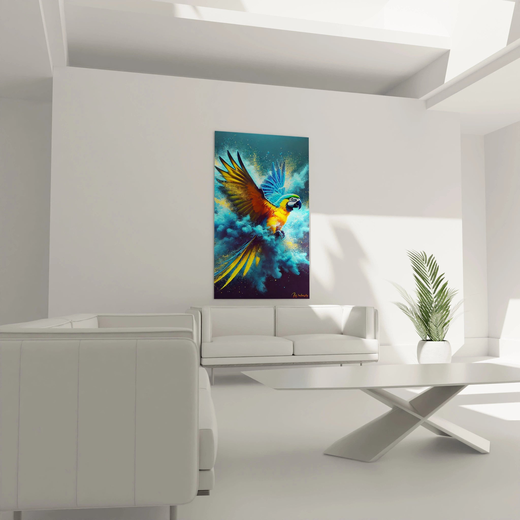 Égayez votre salon avec ce tableau perroquet en plein vol. Accroché au-dessus du canapé, ce chef-d'œuvre aux couleurs vives transforme instantanément votre espace en un lieu dynamique et accueillant.