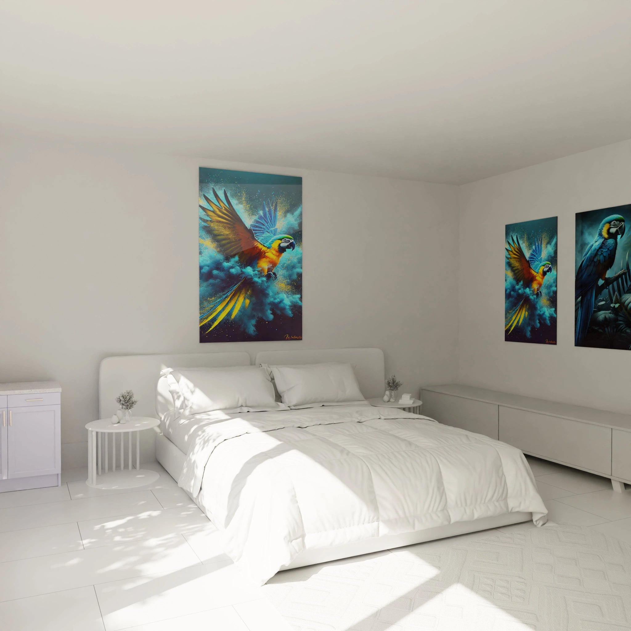 Ajoutez une touche exotique à votre chambre avec ce tableau perroquet vibrant, accroché au-dessus du lit. Ses couleurs éclatantes et son effet de mouvement apportent une atmosphère vivante et apaisante.

