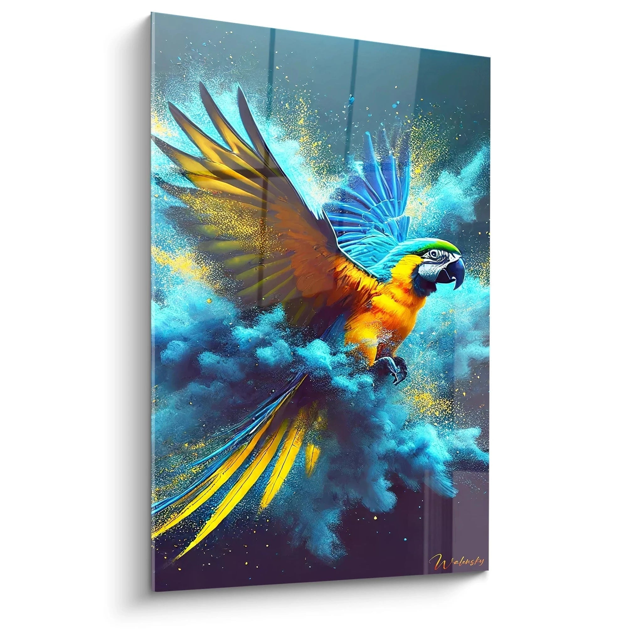 Découvrez ce tableau perroquet, vibrant de couleurs, capturé en pleine explosion dynamique. Vu de biais, ce chef-d'œuvre accroche le regard avec son contraste saisissant et ses détails captivants.

