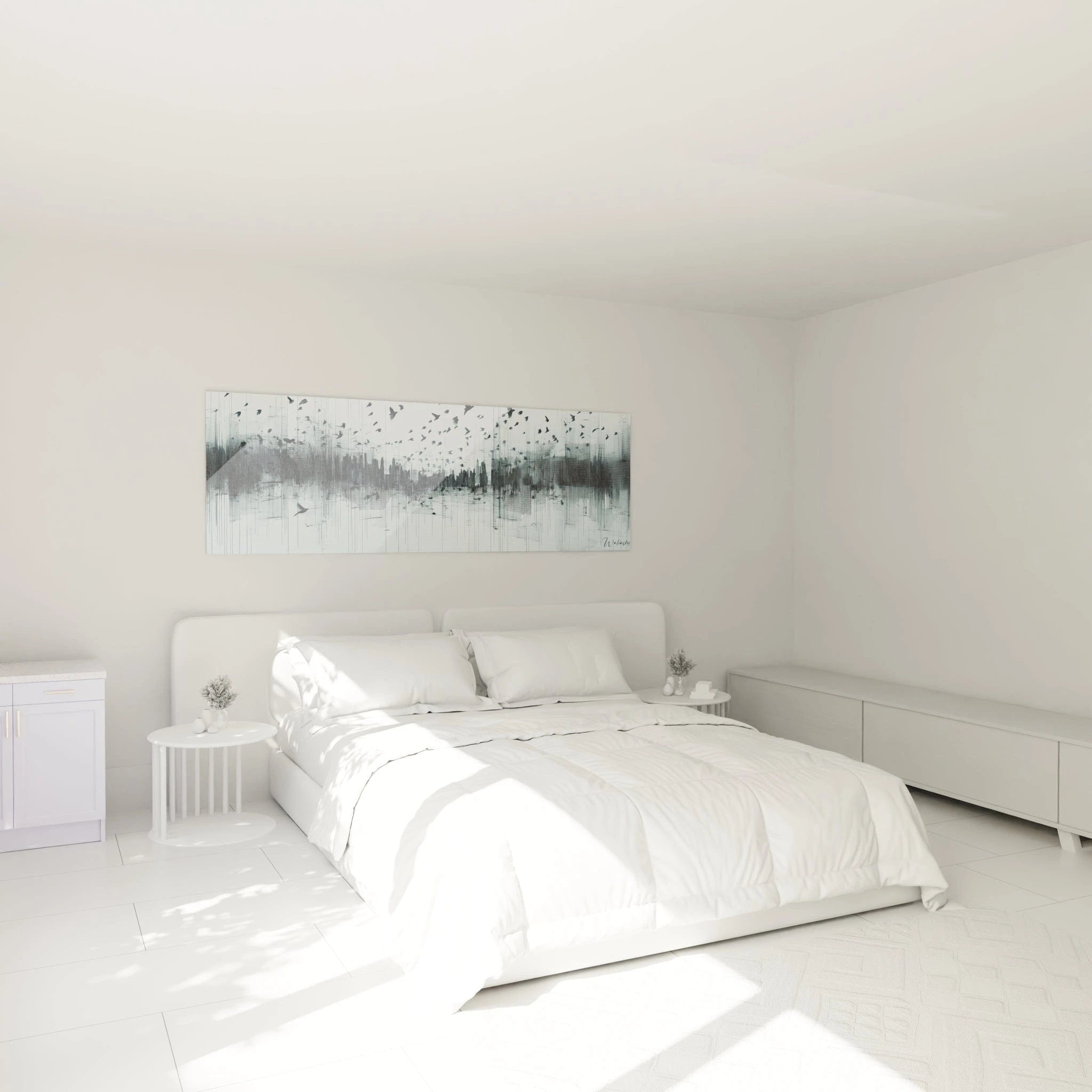 Tableau expressionniste abstrait de Walensky dans une chambre lumineuse avec lit blanc