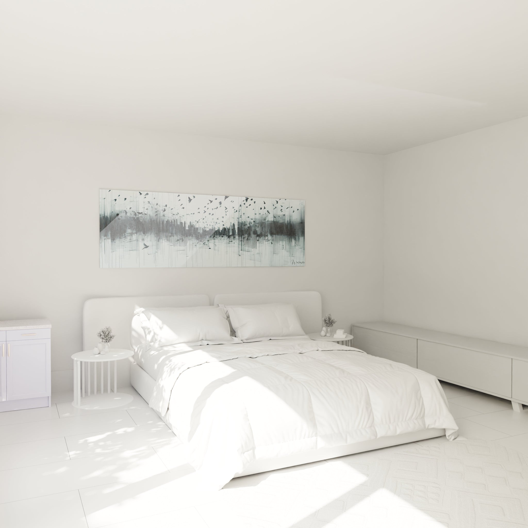 Tableau expressionniste abstrait de Walensky dans une chambre lumineuse avec lit blanc