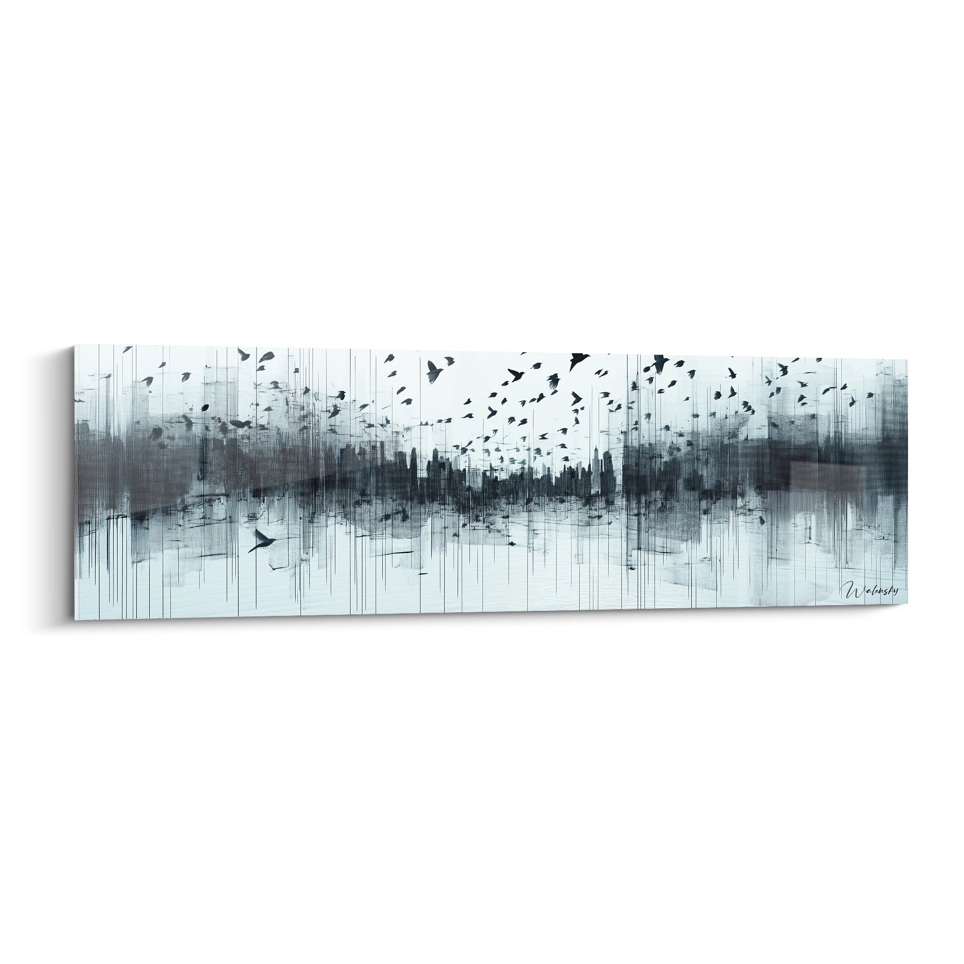 Tableau expressionniste abstrait de Walensky avec des oiseaux en vol et des couleurs grises