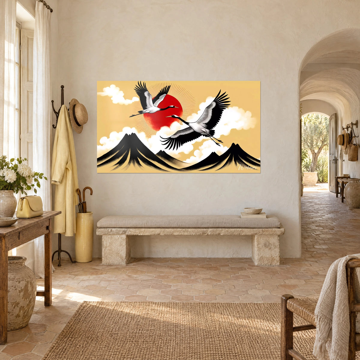 Tableau couple d'oiseaux blancs aux ailes noires déployées, disque écarlate et sommets d'encre, au-dessus d'un banc de pierre dans un mas provençal