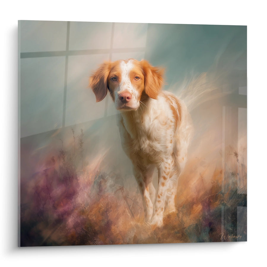 Schilderij van een Bretonse Spaniel met Goudtinten in Kleurige Mist - Artistiek Portret - Editie Bretonse Spaniel