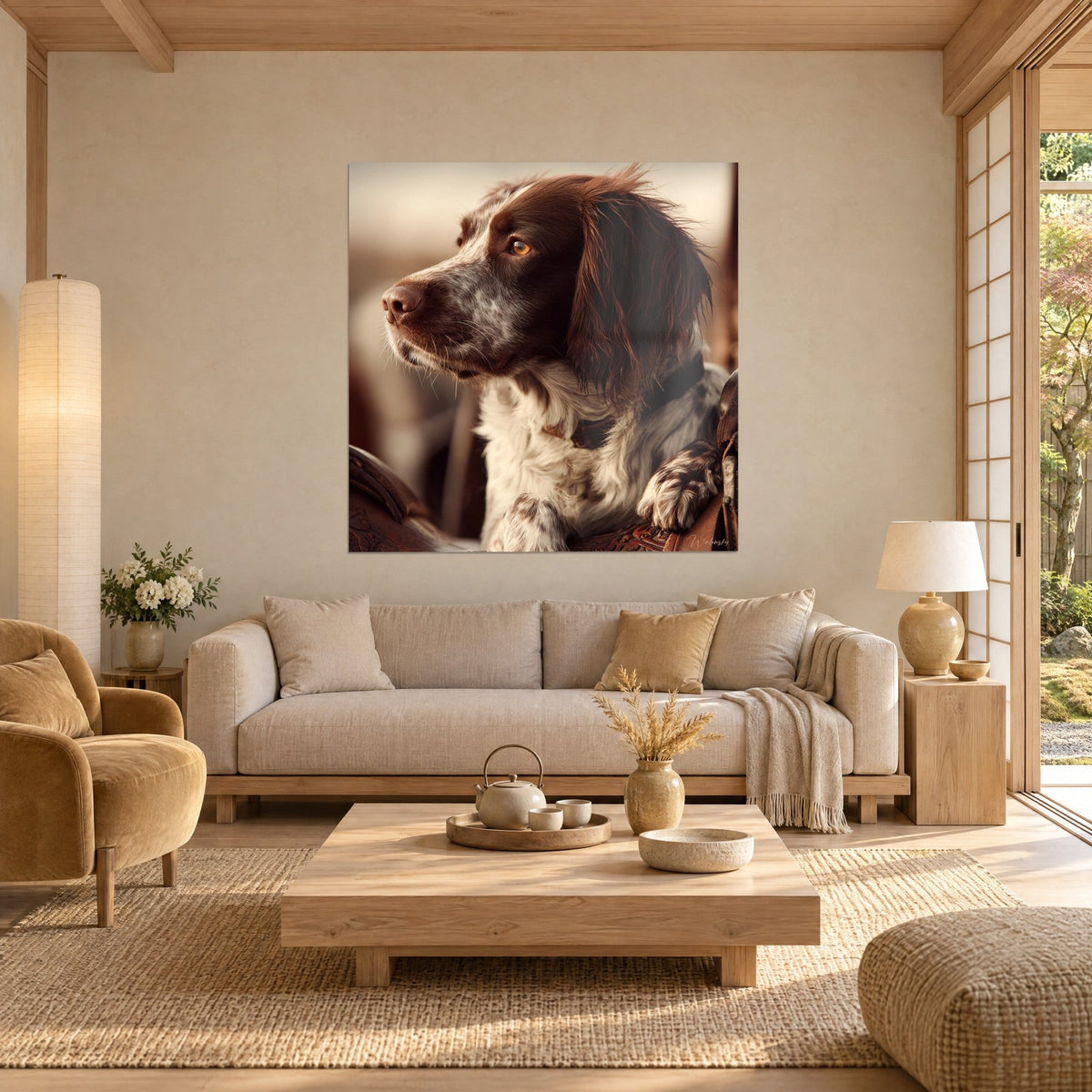 Cuadro retrato de spaniel bretón con mirada ámbar, pelaje castaño y blanco, hocico girado a la izquierda, encima de un sofá en un salón luminoso