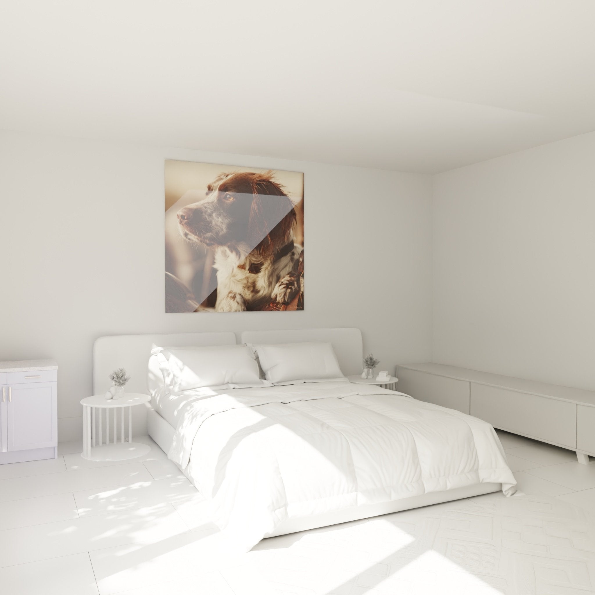 Quadro spaniel bretone camera decorazione murale toni beige caldi atmosfera accogliente naturale