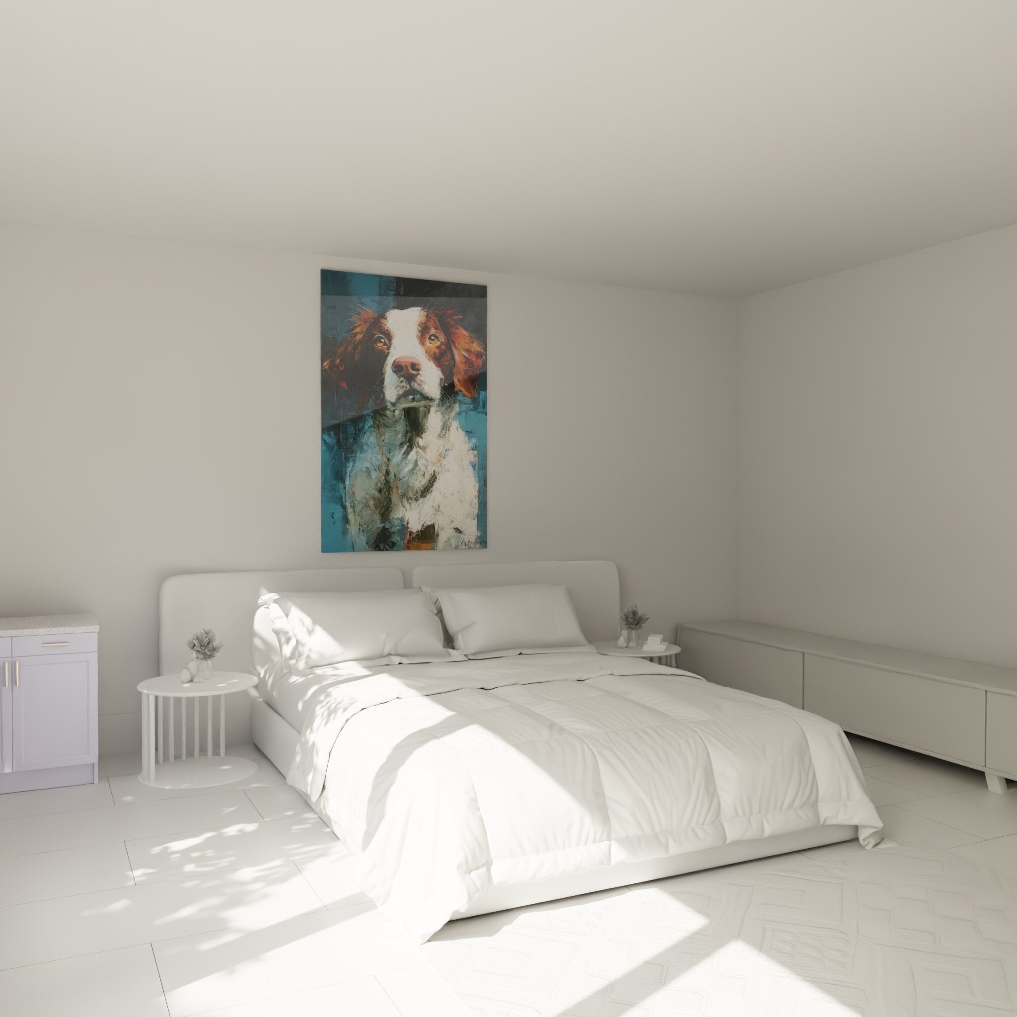 Quadro Spaniel Bretone in camera moderna, decorazione murale cane rosso e bianco su parete chiara