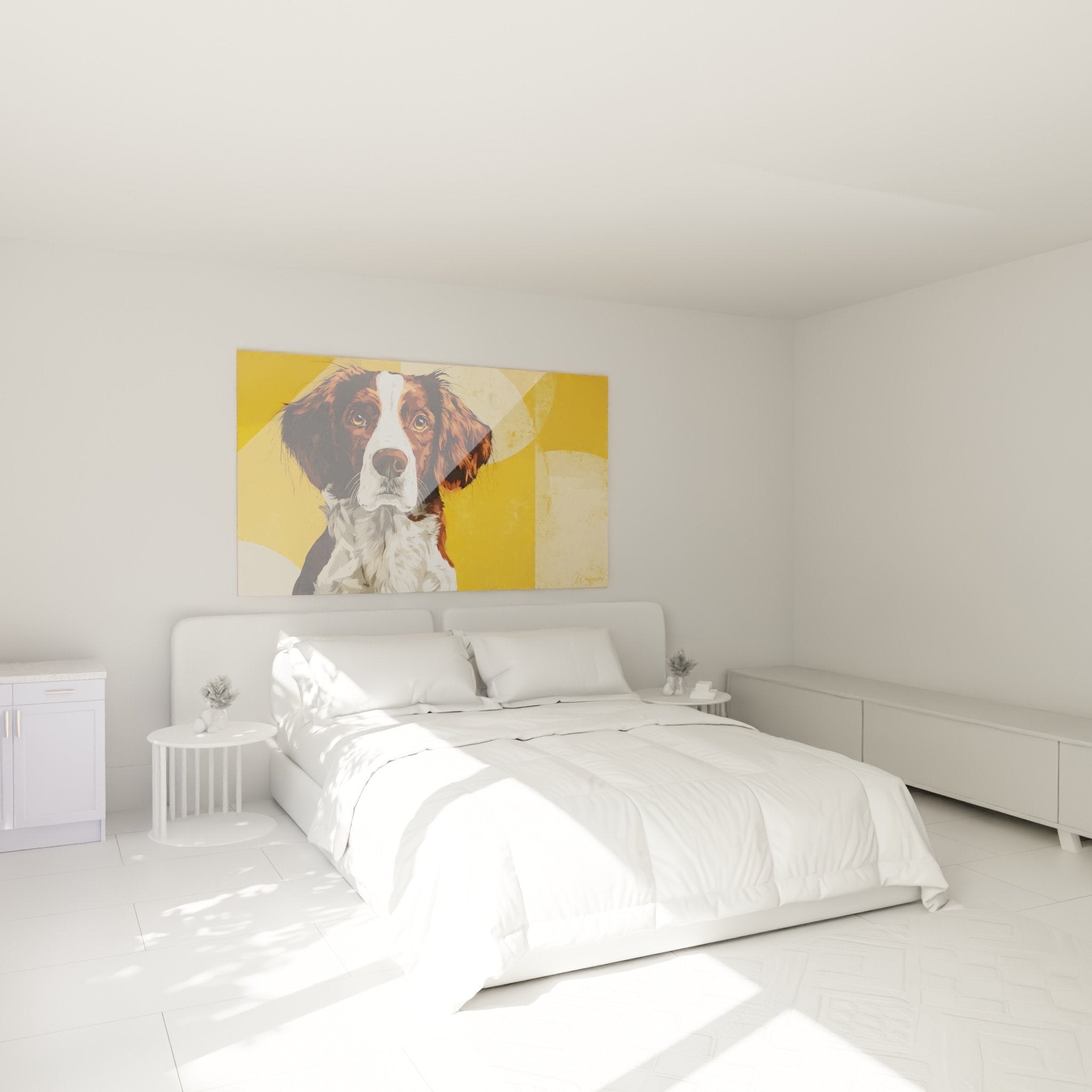 Tableau Epagneul Breton chambre decoration murale portrait chien tricolore fond jaune moderne