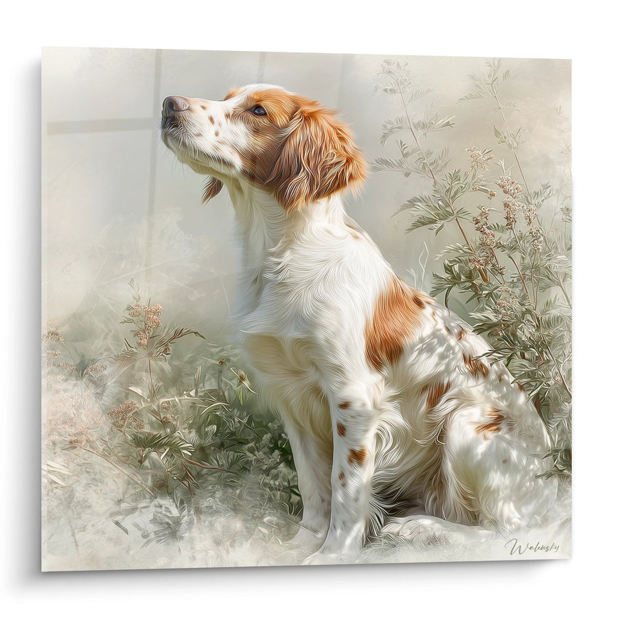 Schilderij van een Witte en Rode Hond in Zittende Positie in Een Bloemenweide - Contemplatieve Blik - Editie Breton Spaniel