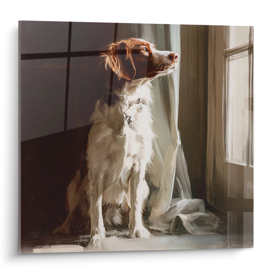 Tableau Chien Assis Près d'une Fenêtre dans la Lumière Dorée - Mélancolie Matinale - Edition Epagneul Breton