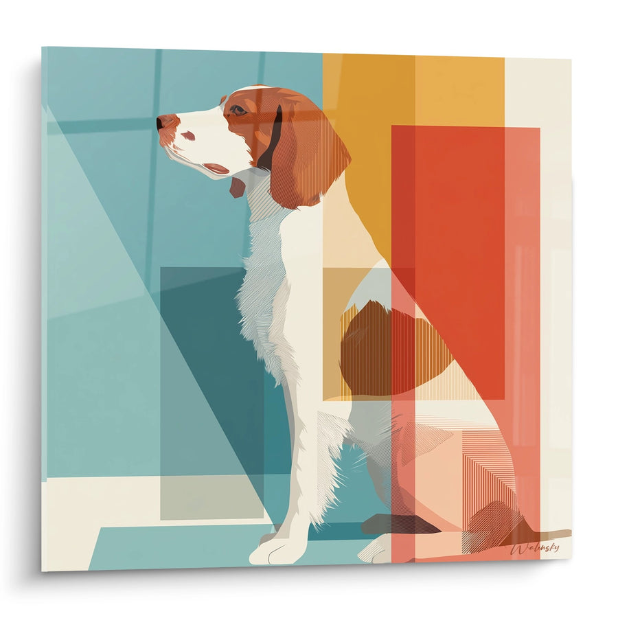 Schilderij van een zittende Engelse Setter op een kleurrijke geometrische achtergrond - Modern Portret - Editie Engelse Setter