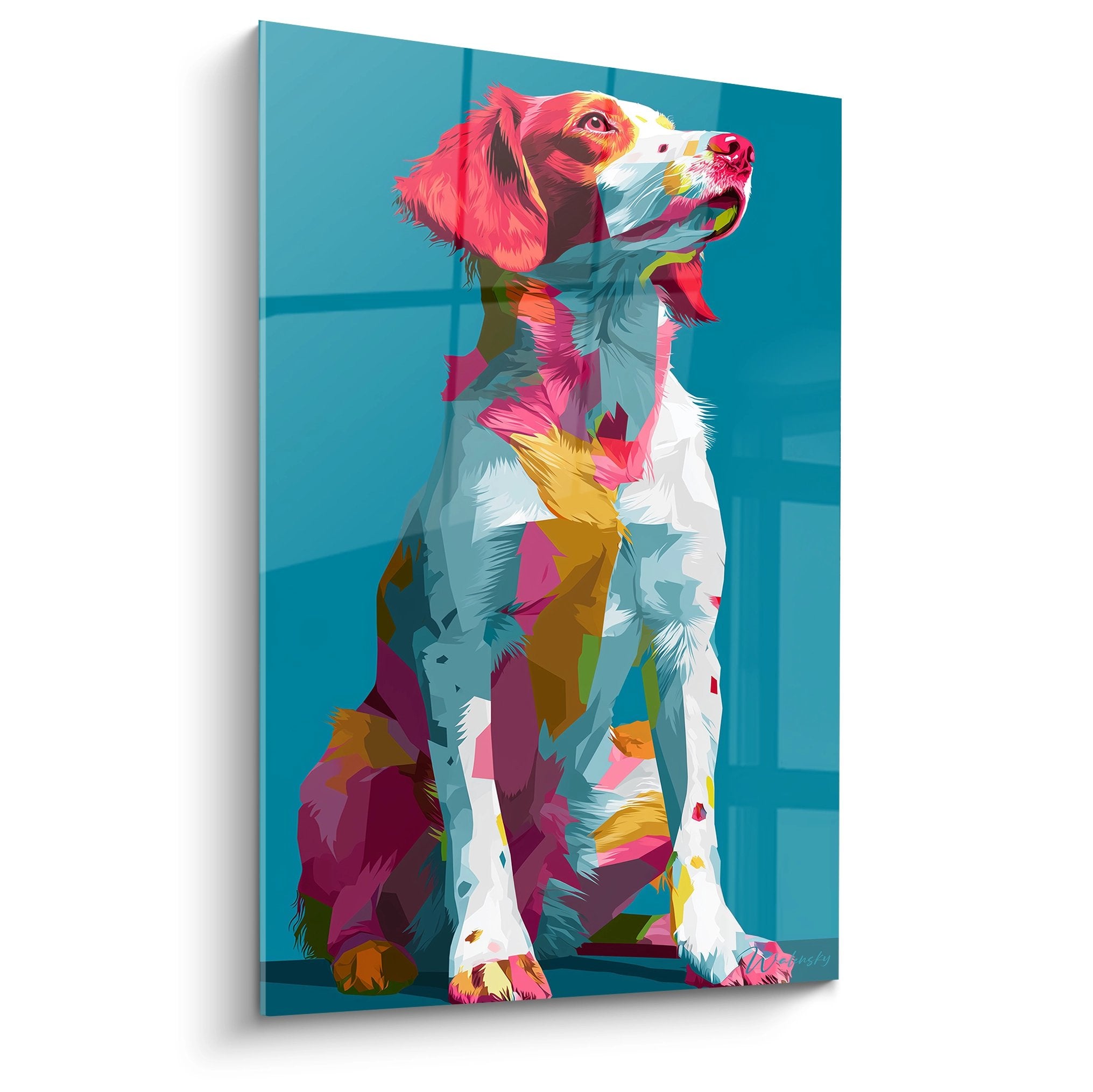 Portrait artistique d'Epagneul Breton multicolore assis sur fond turquoise, style geometrique moderne